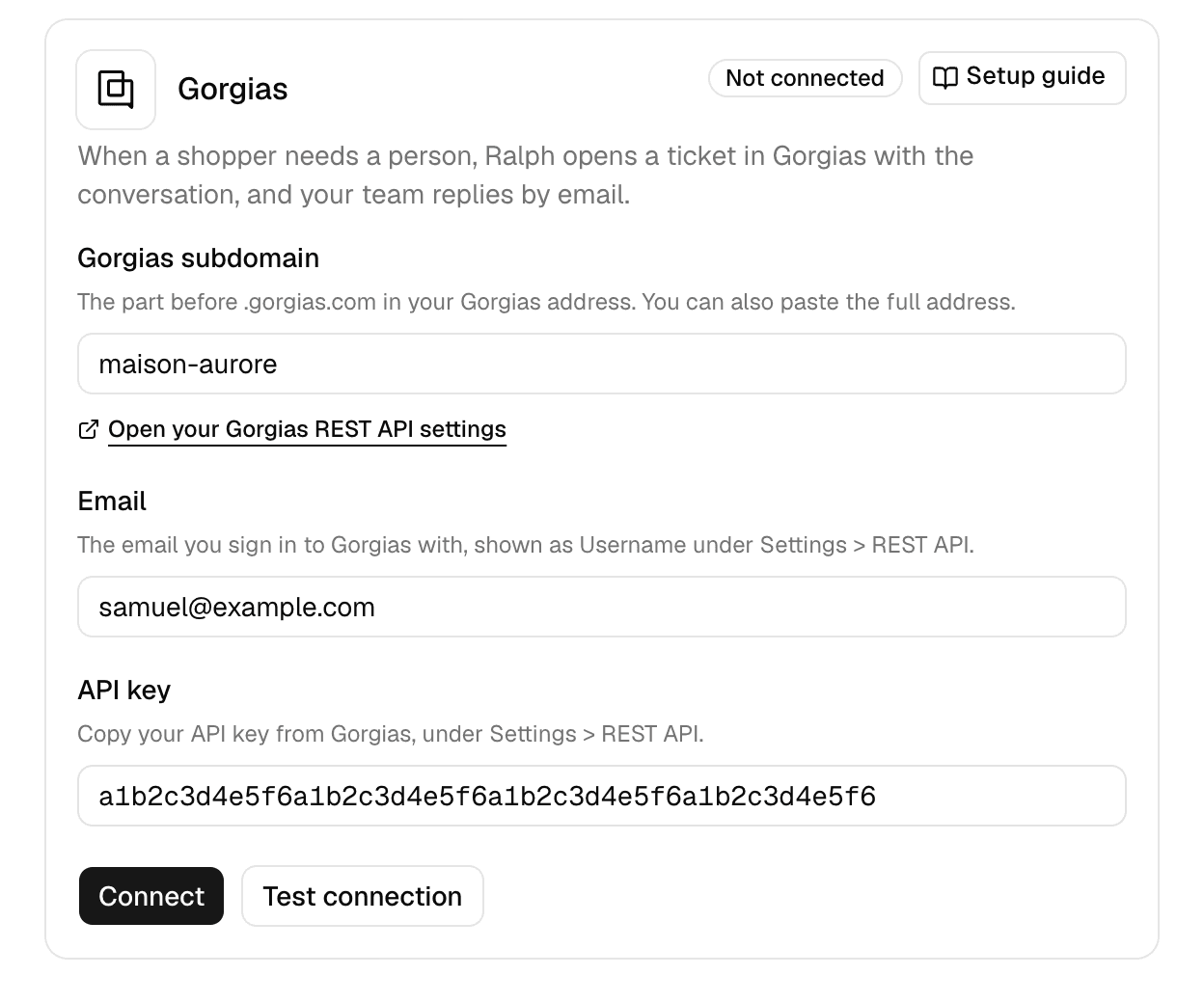 The Gorgias card with the subdomain, email and API key filled
in