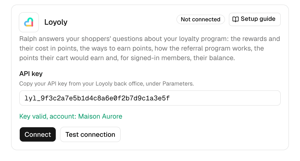 The Loyoly card with the API key pasted and the key
checked