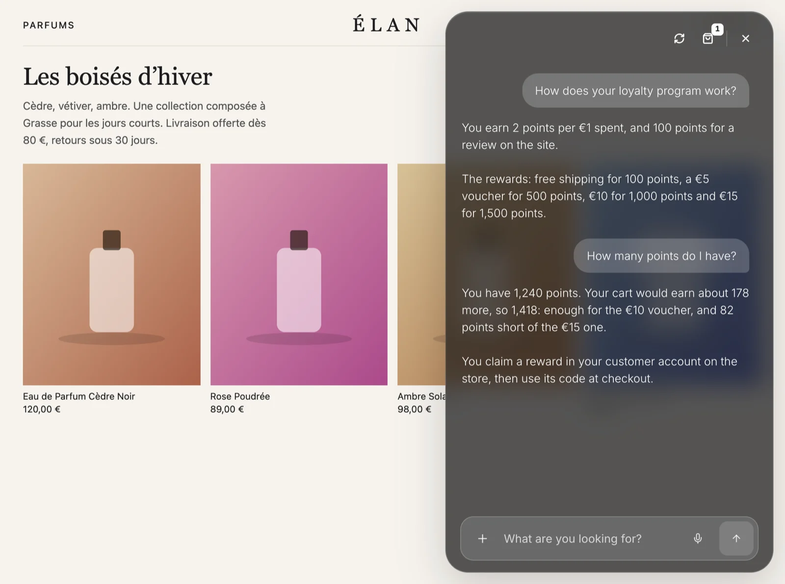 Ralph answers a shopper's loyalty questions on the store, with the rewards
and the shopper's points balance